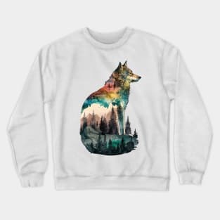 Wolf Watercolor Forest Cute Autumn Leaves Landscape Animal Print Crewneck Sweatshirt